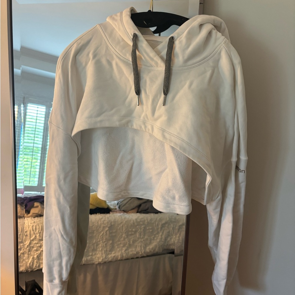 Lululemon White Cropped Hoodie with Gray Drawstrings